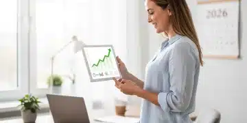 Juros Compostos 2026: Multiplique seu dinheiro em 10 anos a 1% ao mês Mulher sorrindo, observando gráficos de crescimento financeiro em um tablet, simbolizando o sucesso com juros compostos em 2026.