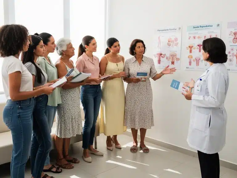 Mulheres brasileiras discutindo direitos reprodutivos e planejamento familiar em um ambiente de saúde comunitário, simbolizando o acesso e a informação.