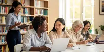 Mulheres de diversas idades e etnias engajadas em atividades educacionais, simbolizando o acesso e o incentivo à educação feminina.
