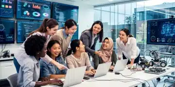 Mulheres diversas em um laboratório de tecnologia, sorrindo e colaborando, simbolizando bolsas de estudo e sucesso em tecnologia e engenharia.