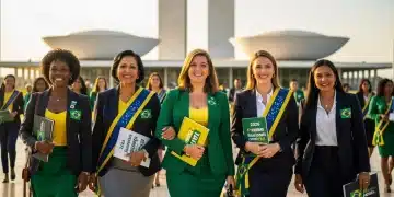 Mulheres na Política 2026: Aumento de 15% na Representatividade Feminina Mulheres diversas e empoderadas caminhando em direção a um prédio governamental brasileiro, simbolizando o aumento da participação política feminina em 2026.