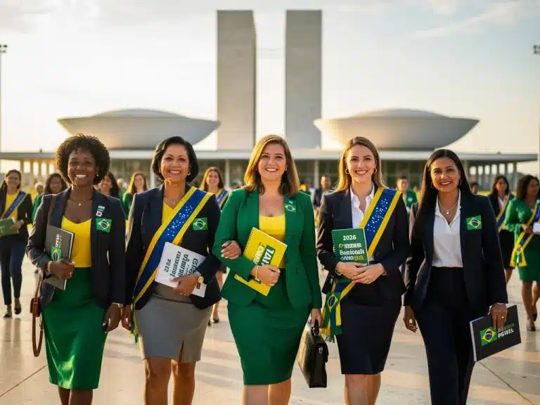 Mulheres diversas e empoderadas caminhando em direção a um prédio governamental brasileiro, simbolizando o aumento da participação política feminina em 2026.