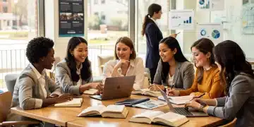 Grupo diversificado de mulheres estudando em um ambiente universitário moderno nos EUA, simbolizando o crescimento da carreira e os benefícios educacionais.
