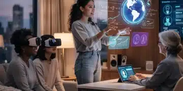 Mulheres estudantes em um ambiente de educação a distância futurista, utilizando tecnologias como VR e IA para aprendizado colaborativo.
