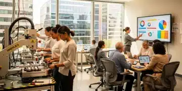 Mulheres diversas em um ambiente de formação vocacional, engajadas em aprender novas habilidades técnicas e digitais, refletindo o futuro da educação adulta nos EUA.