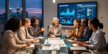 Mulheres diversas em reunião de planejamento financeiro, analisando gráficos em um ambiente de escritório moderno, simbolizando empoderamento e estratégias de investimento.