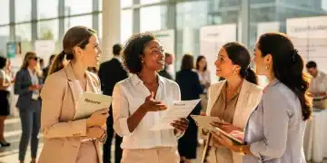 Mulheres diversas em um evento de networking profissional, simbolizando oportunidades e superação do desemprego feminino.