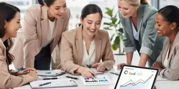 Mulheres diversas discutindo planejamento financeiro com documentos e gráficos de investimento, simbolizando empoderamento e crescimento financeiro com Roth IRA.