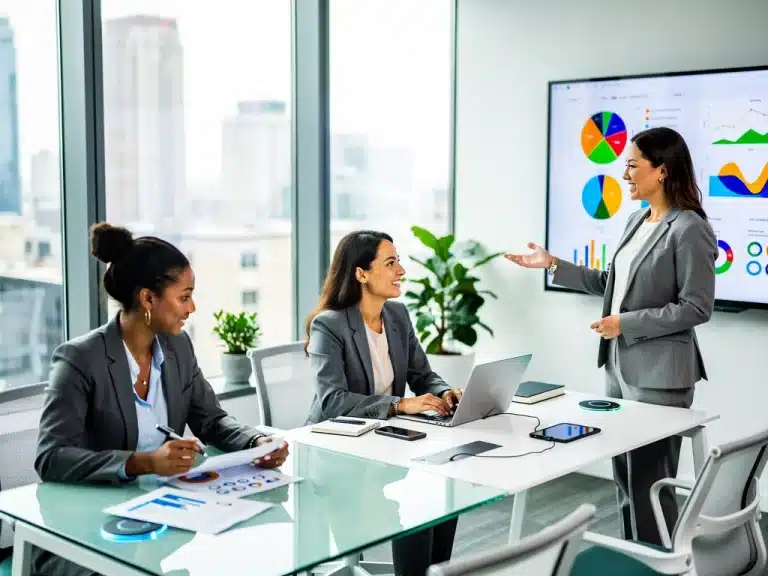 Mulheres profissionais colaborando em um ambiente de escritório moderno e tecnológico, representando o crescimento no mercado de trabalho.