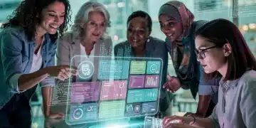 Tecnologia e Empoderamento Feminino em 2026: Ferramentas Digitais Essenciais Mulheres diversas colaborando em torno de uma projeção holográfica, simbolizando a união entre tecnologia e empoderamento feminino em 2026.