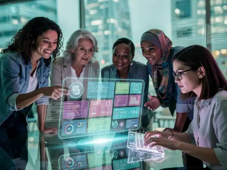 Mulheres diversas colaborando em torno de uma projeção holográfica, simbolizando a união entre tecnologia e empoderamento feminino em 2026.