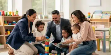 Novos Benefícios de Creche 2026: Apoio a Pais Trabalhadores nos EUA Pais trabalhadores sorrindo com seus filhos em uma creche moderna, simbolizando os novos benefícios de creche em 2026.