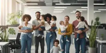 Parents with young children in a modern, supportive office environment.