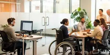 Pessoas com deficiência trabalhando em um ambiente inclusivo e colaborativo, simbolizando a autonomia e o auxílio-inclusão.