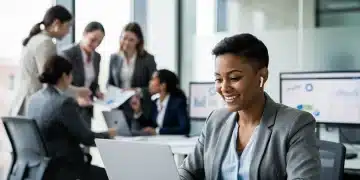 Professional women collaborating and working in a modern, inclusive office environment, symbolizing evolving employment trends.