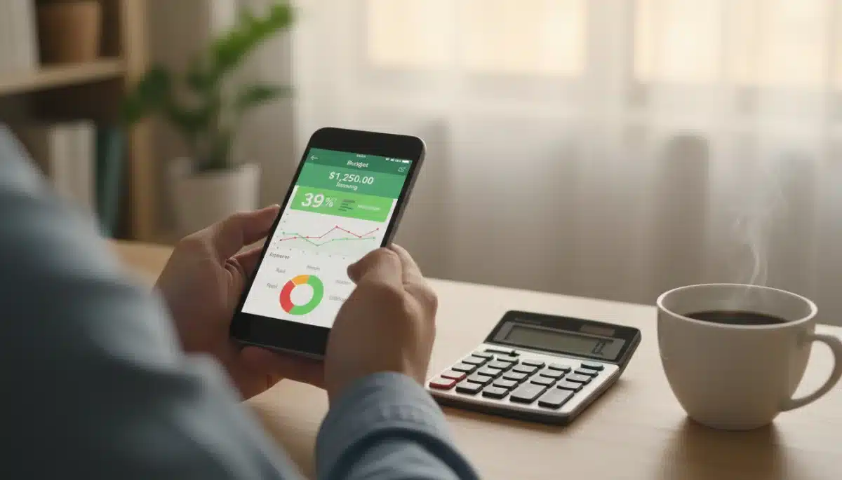 Hands using a budgeting app on a smartphone, demonstrating personal finance management.