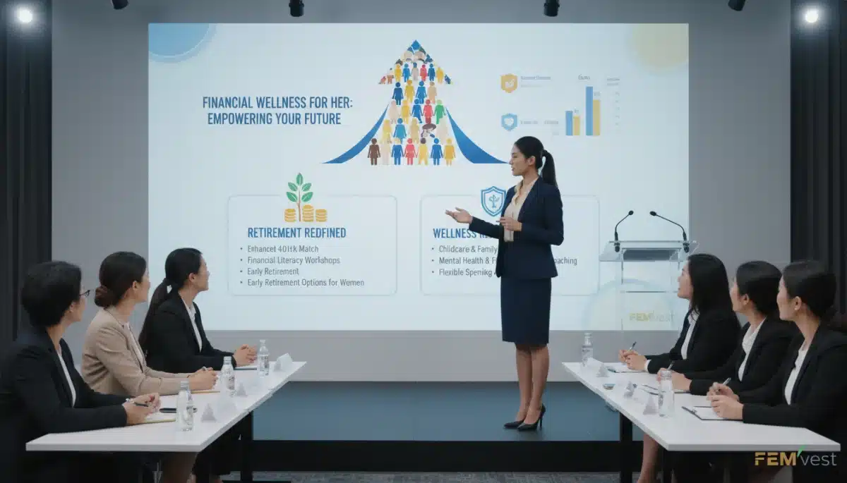 Woman presenting financial wellness and retirement plans.