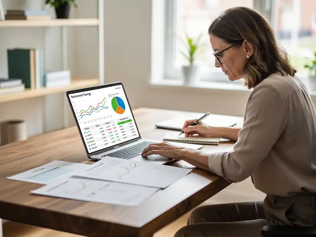 Woman reviewing retirement savings and investment documents