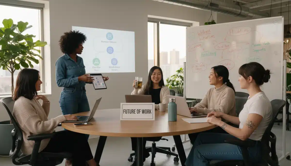 Diverse women discussing flexible work and wellness benefits.