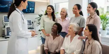 Diverse women discussing health with doctor in clinic