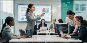 Diverse women collaborating in a modern tech office, working on laptops and analyzing data, symbolizing professional growth and success in technology.