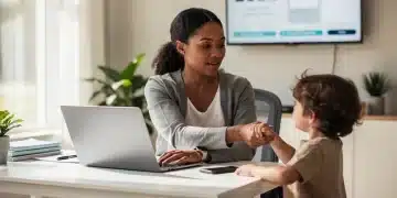 2026 Federal Benefits: Impact on US Working Mothers Working mother balancing career and family, symbolizing 2026 federal benefits impact.