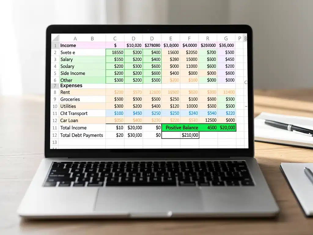 Detailed budget spreadsheet showing income, expenses, and debt payments for financial planning.