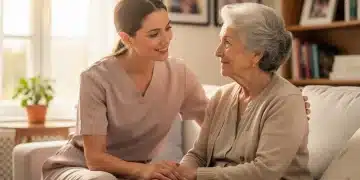 Woman caregiver offering gentle support to an elderly woman's hand, representing federal program assistance.