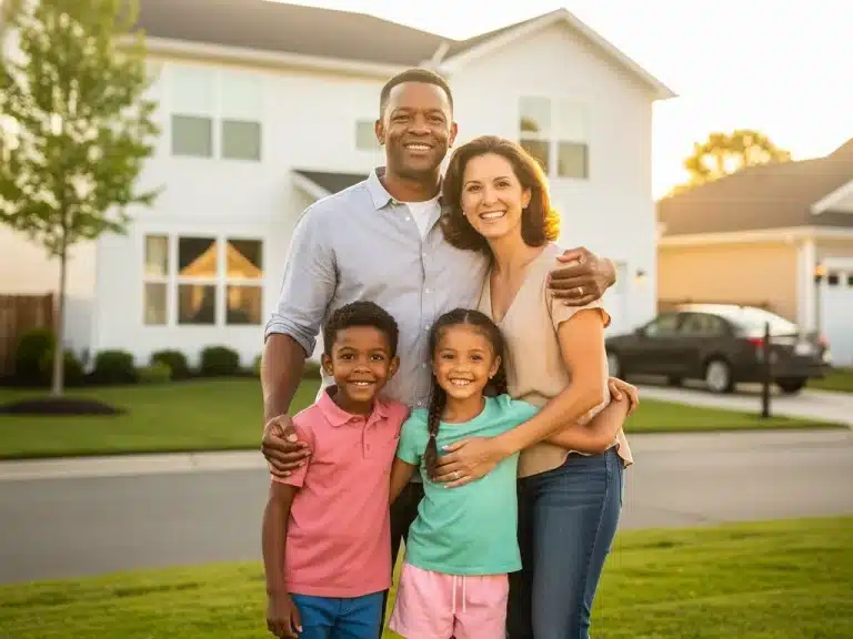 Happy diverse family in front of a home, symbolizing Child Tax Credit benefits