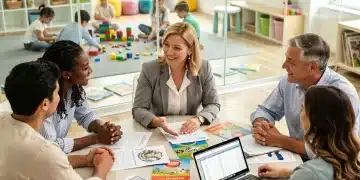 Childcare Costs US 2026: Budget Smart, Save 15% Annually Parents discussing childcare costs and budgeting strategies with a professional, with children happily playing in a bright, modern daycare setting.