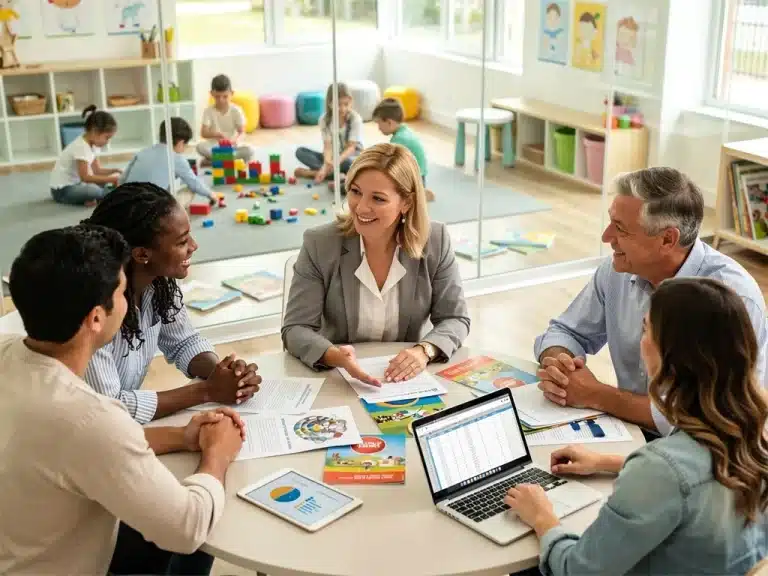 Parents discussing childcare costs and budgeting strategies with a professional, with children happily playing in a bright, modern daycare setting.
