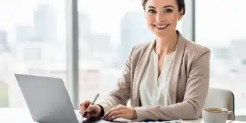 Confident woman analyzing financial charts on a laptop, optimizing investment portfolio for 8% returns.