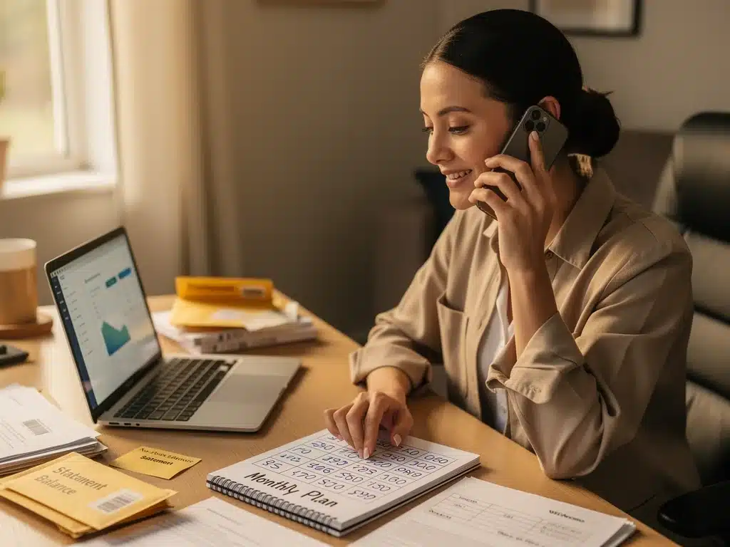 Individual negotiating credit card debt over the phone with a financial institution.