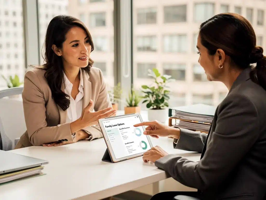 Une femme discutant avec un professionnel des ressources humaines de ses options de congé familial dans un bureau moderne, consultant une tablette. L'ambiance est collaborative et informative.