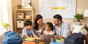 Back-to-School 2026: 6-Week Checklist for Stress-Free Transitions Family happily preparing for back-to-school 2026 with a 6-week checklist