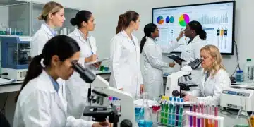Female scientists conducting research in a modern laboratory setting, focusing on women's health advancements.
