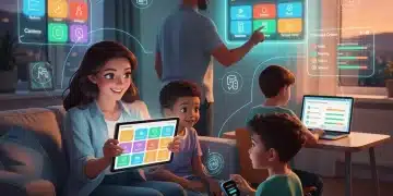 Futuristic family using 2026 family apps to manage daily tasks efficiently, showing organization and harmony.