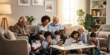 Grandparents and grandchildren connecting through digital devices, smiling and engaged.