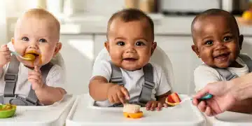 Happy babies eating healthy food, reflecting new CDC infant nutrition guidelines 2026