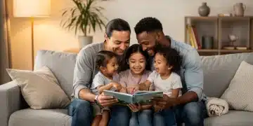 2026 Child Tax Credit: Maximizing Benefits for US Families Happy diverse family with two children enjoying time together in a living room, symbolizing financial security and well-being from the Child Tax Credit.