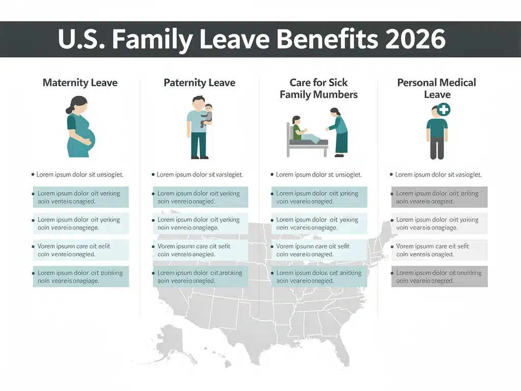 Infographie détaillée illustrant les divers types de congés familiaux aux États-Unis pour 2026, avec des icônes claires pour la maternité, la paternité, les soins familiaux et les congés médicaux personnels.