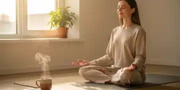 Woman meditating peacefully during a mindful morning ritual