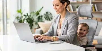 Balancing Work and Motherhood in 2026: 30% Better Work-Life Harmony Mother smiling, working on laptop with child nearby, symbolizing work-life integration