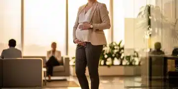 Pregnant professional woman in office, symbolizing maternity leave and job security