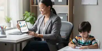 Single mother reviewing financial plans on a tablet with child nearby in 2026