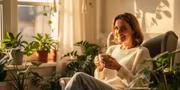 Smiling woman enjoying a peaceful morning with coffee and plants, embodying daily joy.