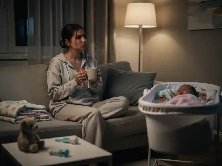Thoughtful mother with sleeping baby, managing postpartum emotions