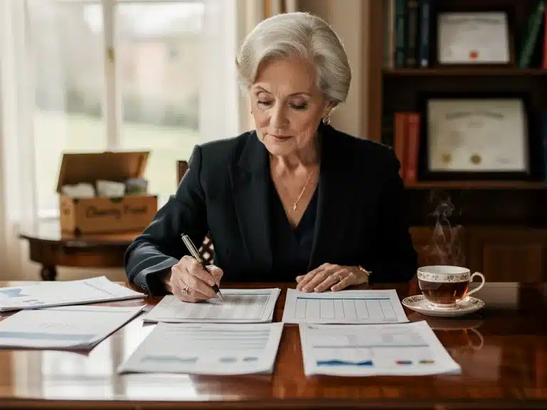 Woman over 70 planning finances for charitable giving