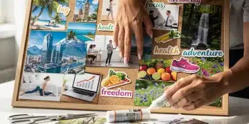 Woman creating a vibrant vision board with various images and words, focused on manifesting dreams.