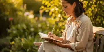 Woman peacefully writing in a gratitude journal in a sunlit garden, reflecting on positive aspects of her life.